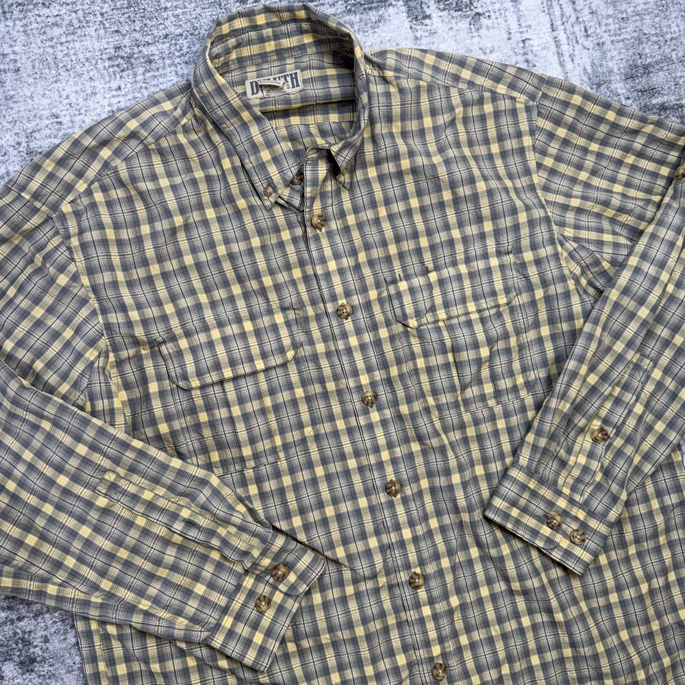 Duluth Shirt Mens XLT Gray Yellow Plaid Nylon Breathable Pockets Hiking Fishing